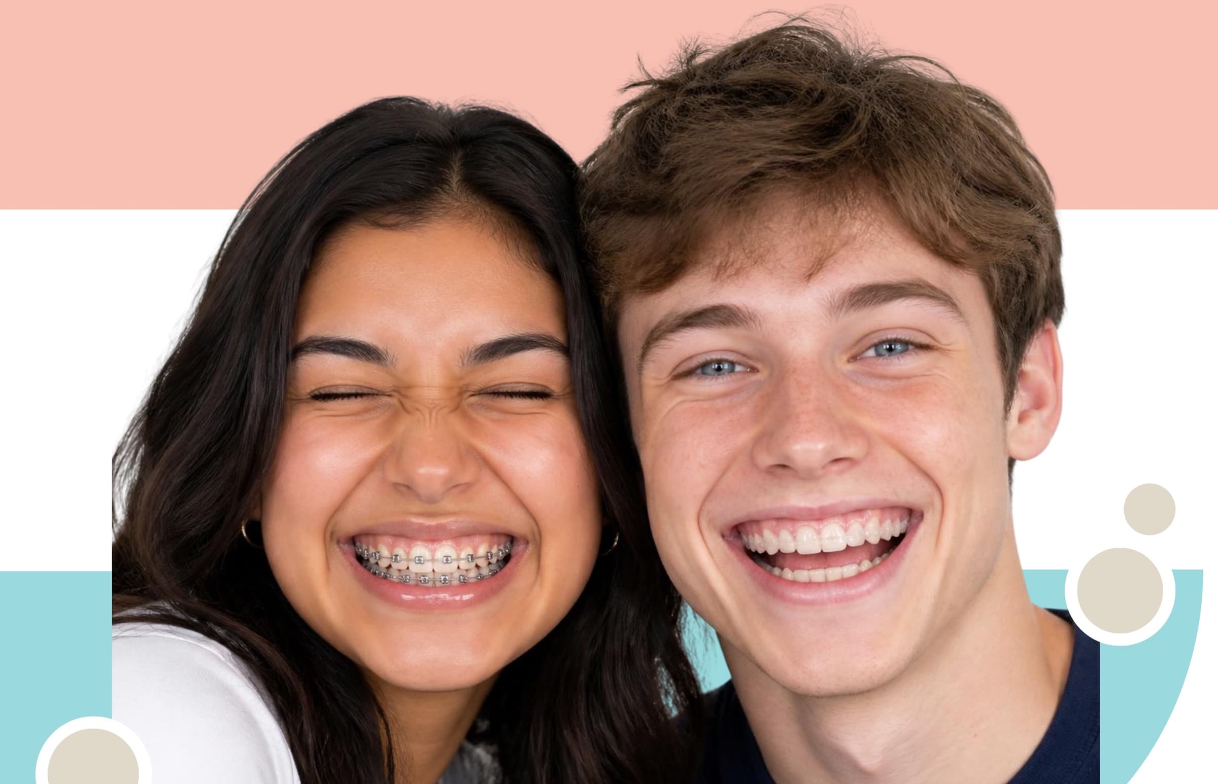 Two smiling teens, one wearing braces